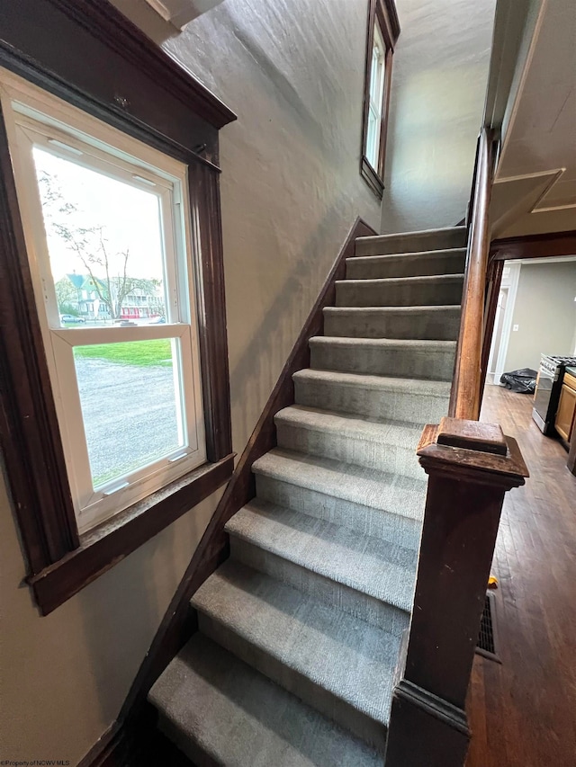 stairs with a healthy amount of sunlight and dark wood-type flooring