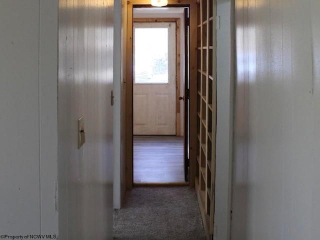 hall featuring hardwood / wood-style floors and wood walls