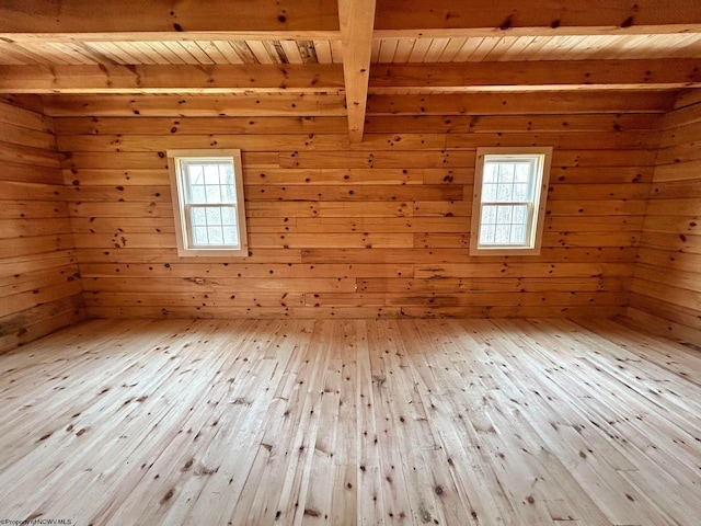 spare room featuring wooden ceiling, beam ceiling, hardwood / wood-style flooring, and plenty of natural light