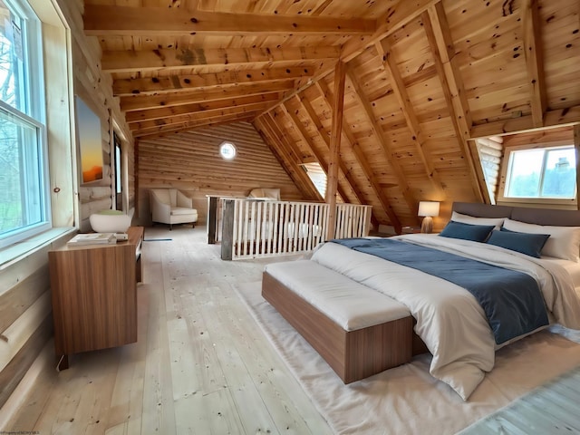 unfurnished bedroom with hardwood / wood-style floors, wooden ceiling, and vaulted ceiling with beams