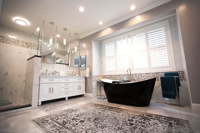 bathroom with tile flooring, large vanity, backsplash, shower with separate bathtub, and ornamental molding