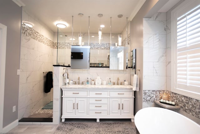 bathroom with tile walls, tile floors, backsplash, and double sink vanity