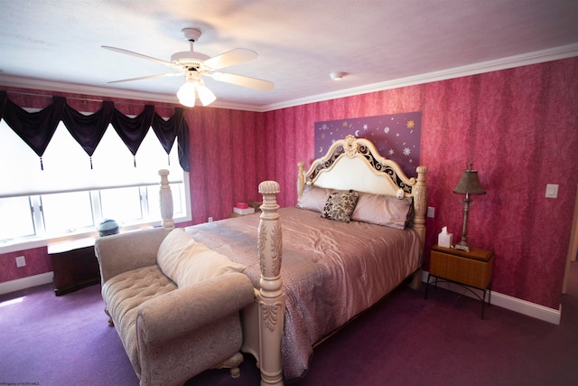 bedroom with ornamental molding, ceiling fan, and carpet floors