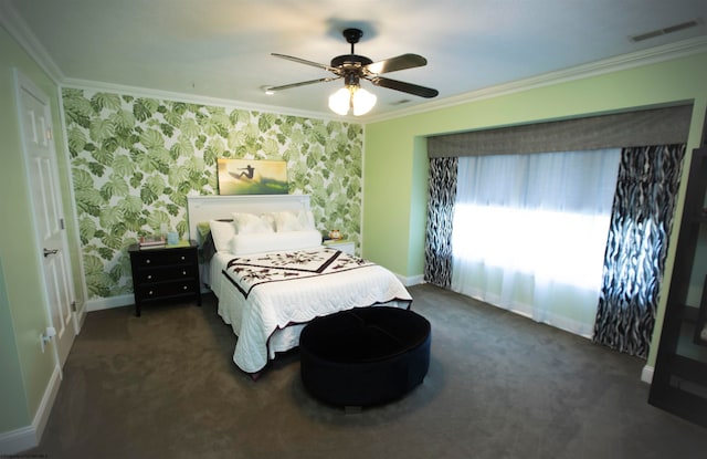 bedroom with dark carpet, ceiling fan, and crown molding