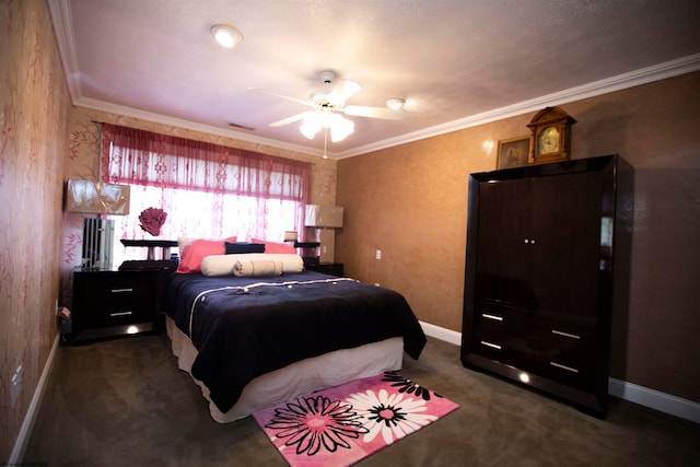 carpeted bedroom with ceiling fan and crown molding