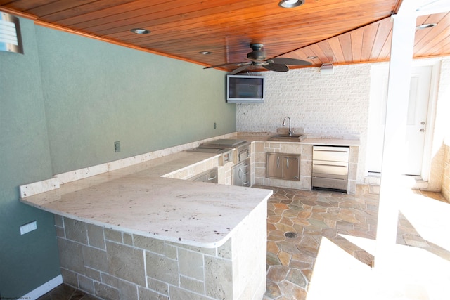 kitchen with ceiling fan, tile flooring, wood ceiling, sink, and black electric stovetop