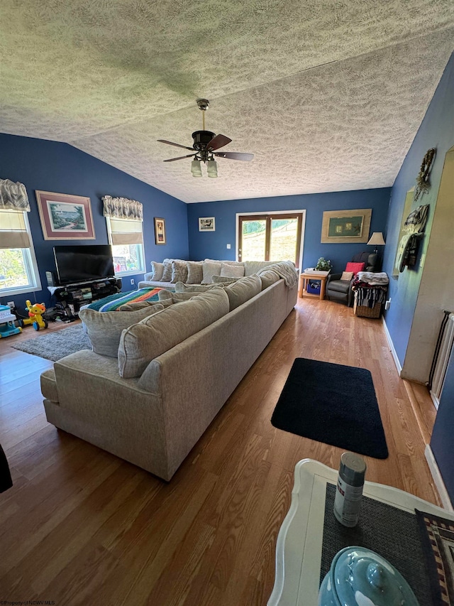 living area with lofted ceiling, a textured ceiling, and wood finished floors