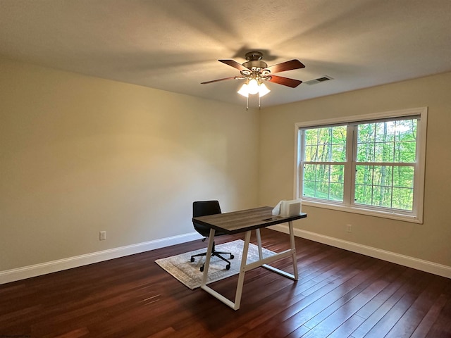 home office featuring ceiling fan and dark wood-type flooring