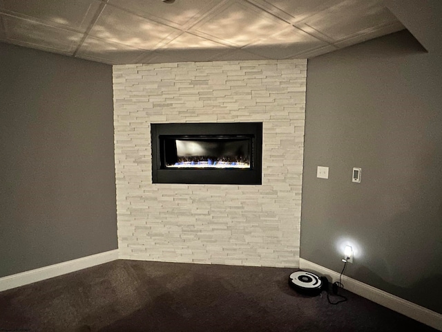 interior space featuring a fireplace and carpet floors