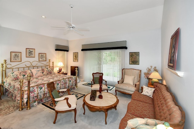 bedroom with ceiling fan and carpet floors