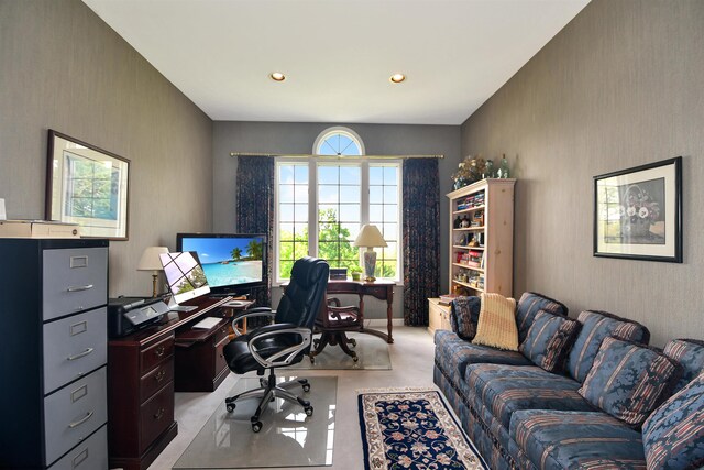 home office featuring light colored carpet