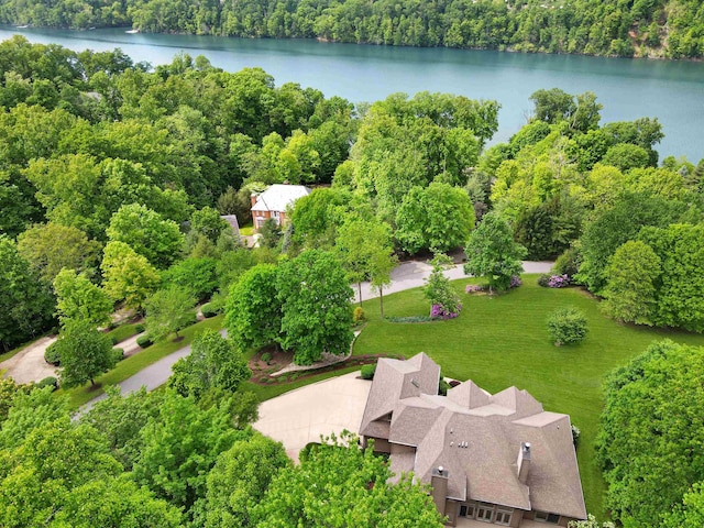 bird's eye view with a water view