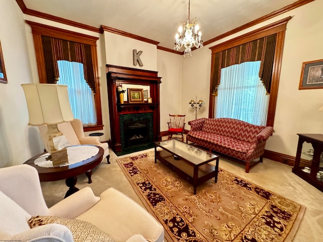 sitting room with a notable chandelier, ornamental molding, and carpet floors