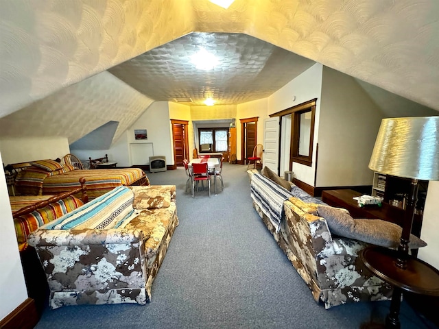 interior space with carpet flooring and a textured ceiling