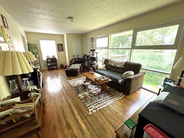 living room featuring hardwood / wood-style flooring, plenty of natural light, and a textured ceiling