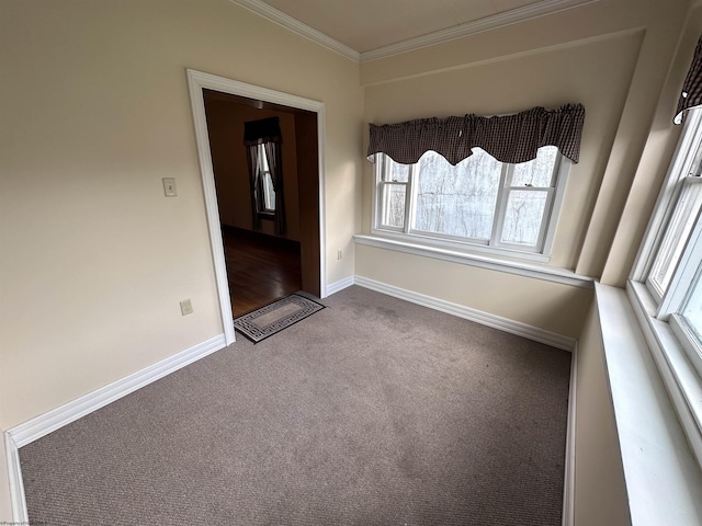 carpeted spare room featuring crown molding and a wealth of natural light