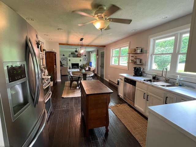 kitchen with dark hardwood / wood-style floors, stainless steel appliances, a wealth of natural light, and white cabinetry