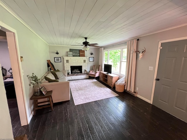 unfurnished living room with crown molding, a fireplace, dark hardwood / wood-style flooring, wood ceiling, and ceiling fan