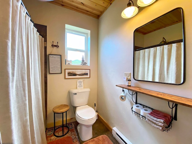 bathroom featuring toilet, wooden ceiling, baseboard heating, and walk in shower