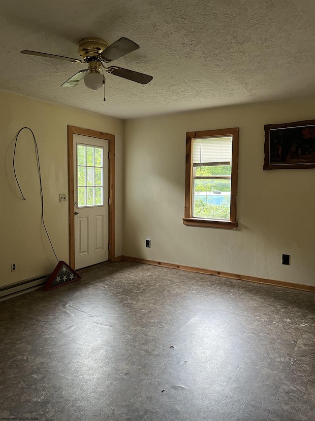 3485 Adolph Rd, Mill Creek, WV 26280 - spare room with ceiling fan, a textured ceiling, baseboards, and baseboard heating