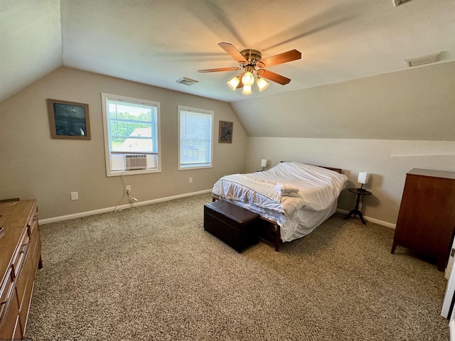 bedroom featuring cooling unit, ceiling fan, carpet, and lofted ceiling