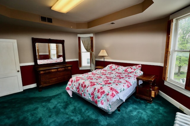 carpeted bedroom with a tray ceiling and radiator heating unit