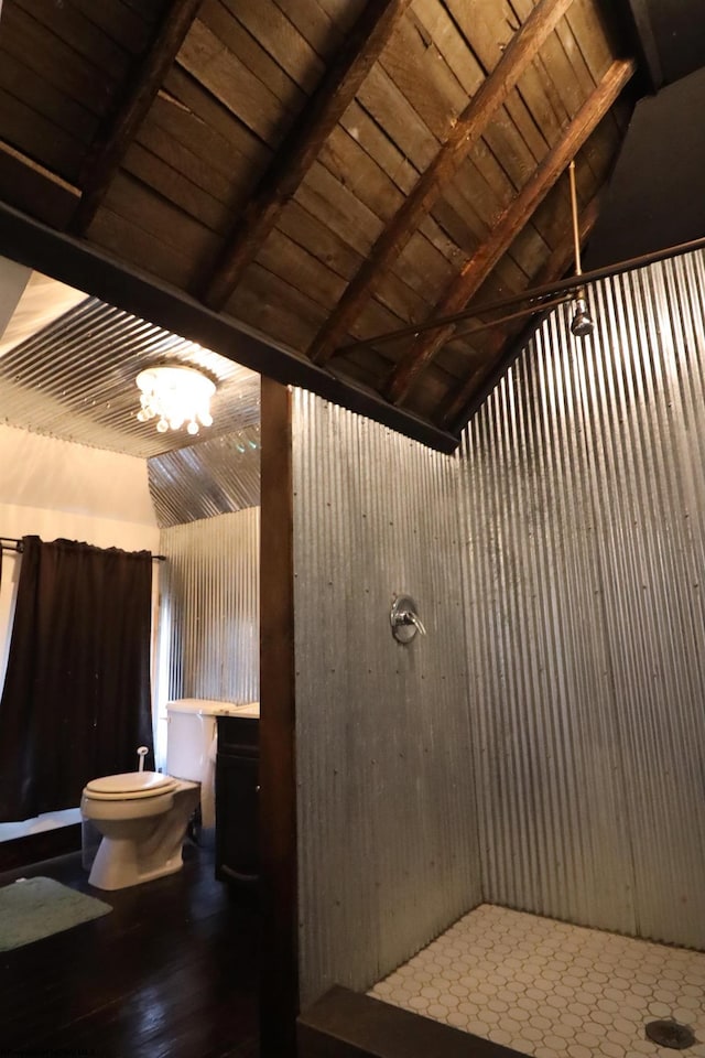 bathroom featuring vaulted ceiling with beams, toilet, wooden ceiling, and a chandelier