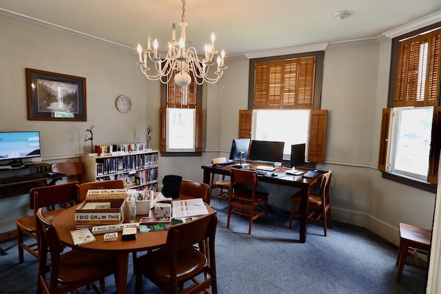 carpeted dining area featuring a notable chandelier and crown molding