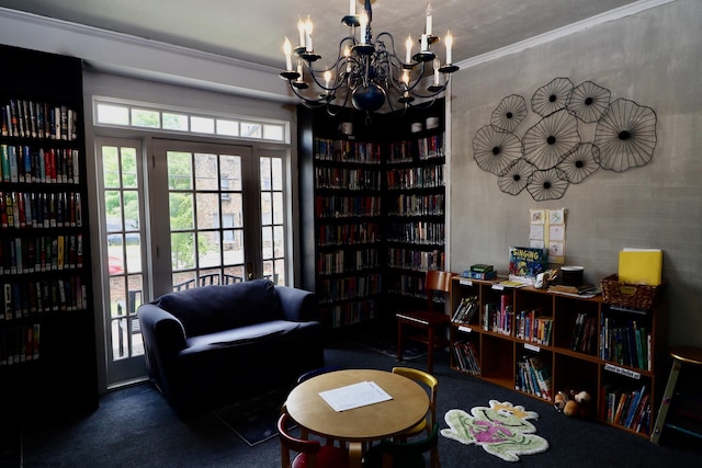 sitting room featuring crown molding and dark carpet