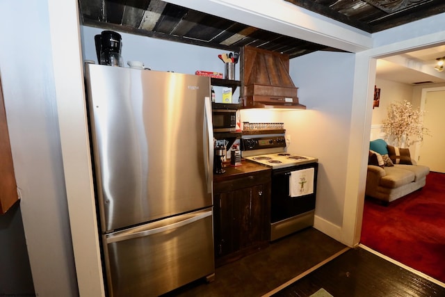 kitchen featuring custom exhaust hood, dark brown cabinets, stainless steel appliances, and dark wood-type flooring