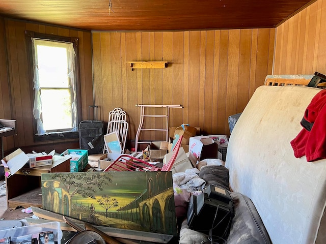 interior space featuring a healthy amount of sunlight, wood ceiling, and wood walls