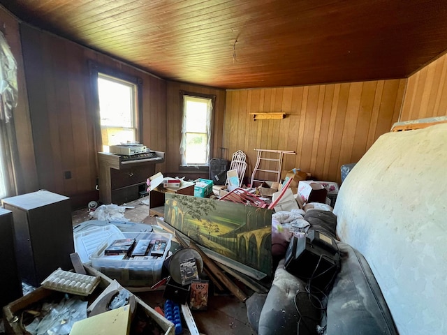 miscellaneous room with wooden ceiling and wood walls