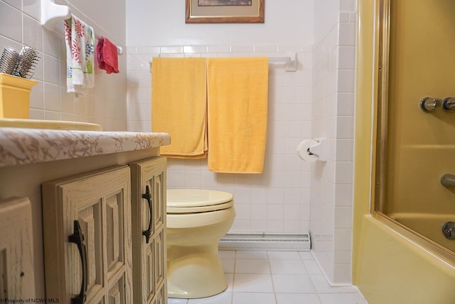 full bathroom featuring a baseboard radiator, tile walls, enclosed tub / shower combo, toilet, and tile flooring