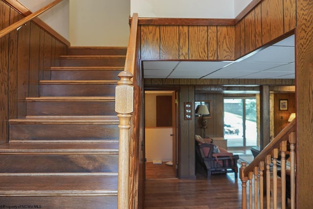 stairway featuring dark hardwood / wood-style floors, wooden walls, and a paneled ceiling