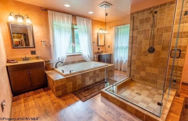 bathroom with plus walk in shower, vanity, and wood-type flooring