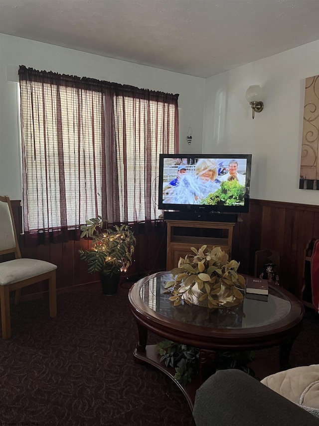 living room featuring wood walls