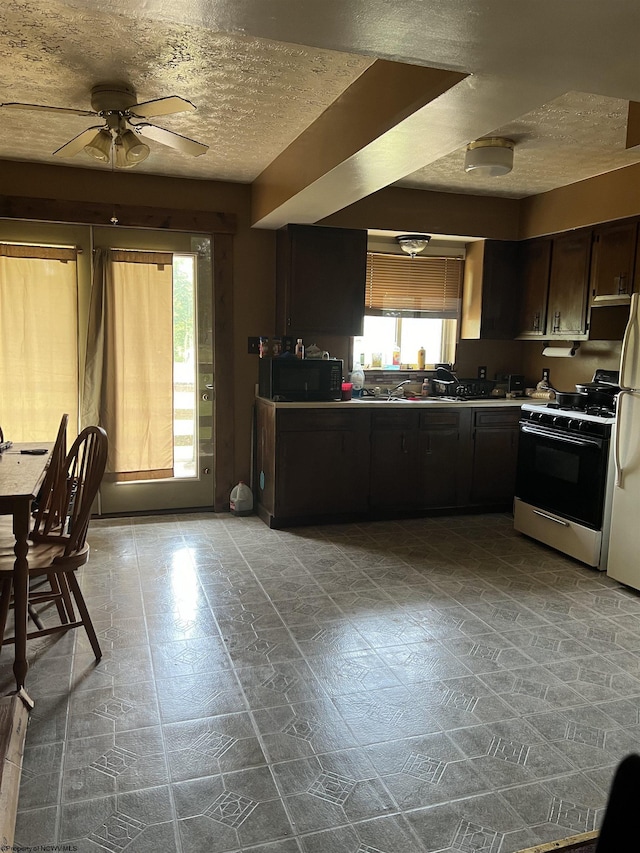 kitchen with ceiling fan, dark brown cabinetry, and white appliances