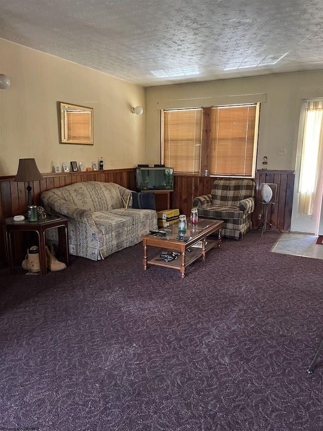 living room with wood walls, carpet, and a textured ceiling