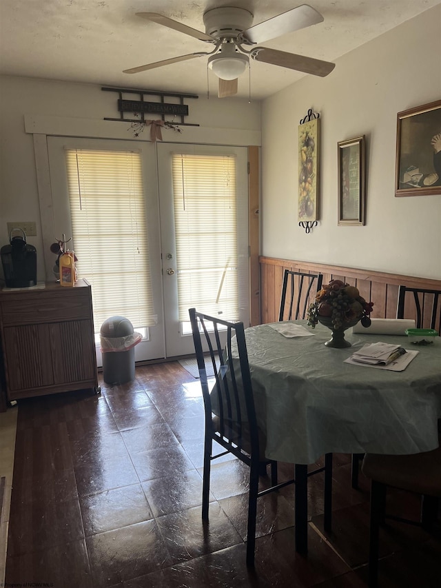 dining room with french doors and ceiling fan