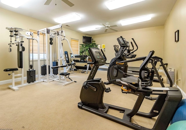 gym with ceiling fan and carpet flooring