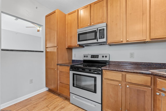 kitchen with ceiling fan, appliances with stainless steel finishes, and light wood-type flooring