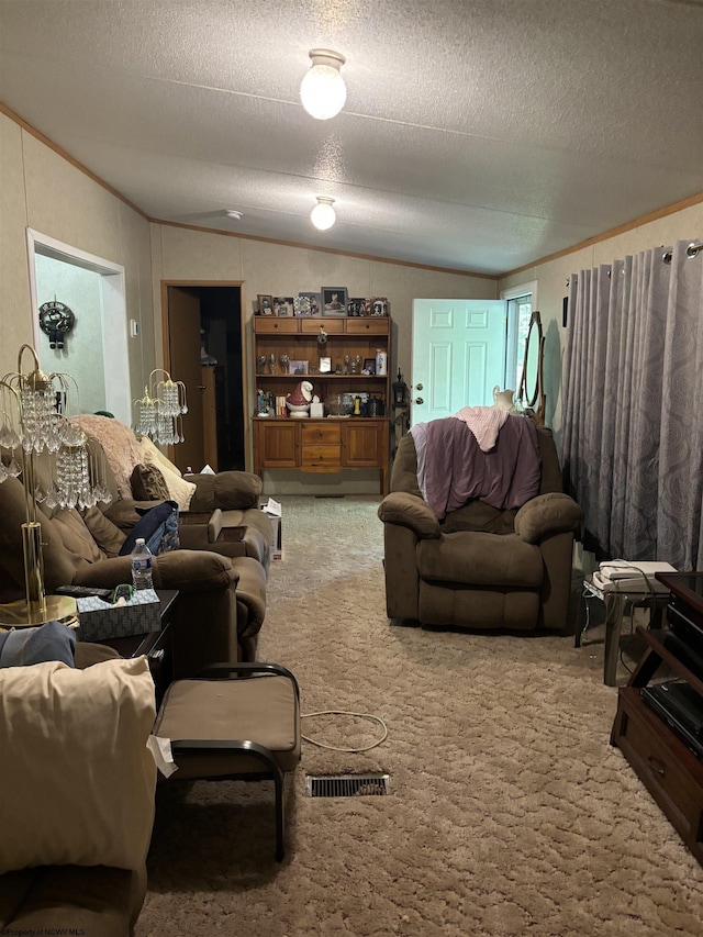 carpeted living room with crown molding, lofted ceiling, and a textured ceiling