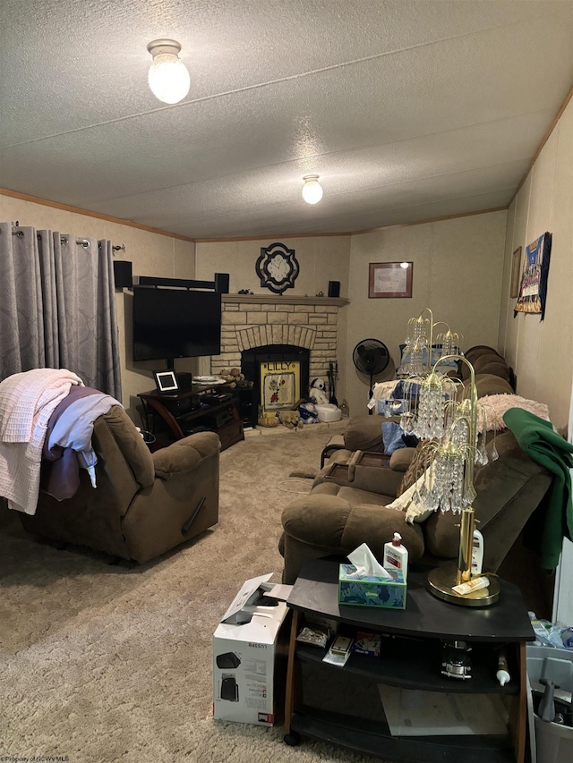 carpeted living room with a textured ceiling and a stone fireplace