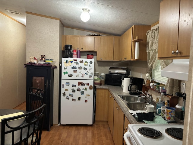 kitchen with stove, sink, light hardwood / wood-style flooring, white fridge, and lofted ceiling