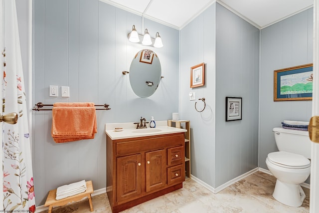 bathroom with ornamental molding, tile flooring, toilet, and large vanity