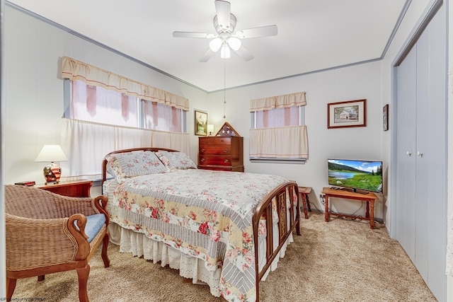 carpeted bedroom featuring a closet, ceiling fan, and ornamental molding