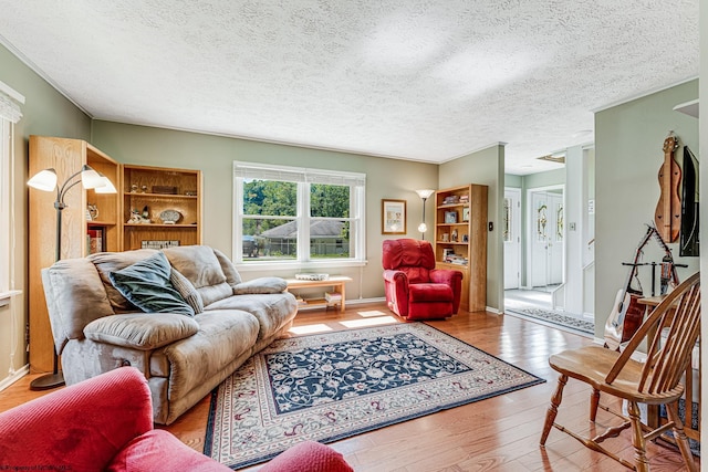 living room featuring a textured ceiling and wood-type flooring