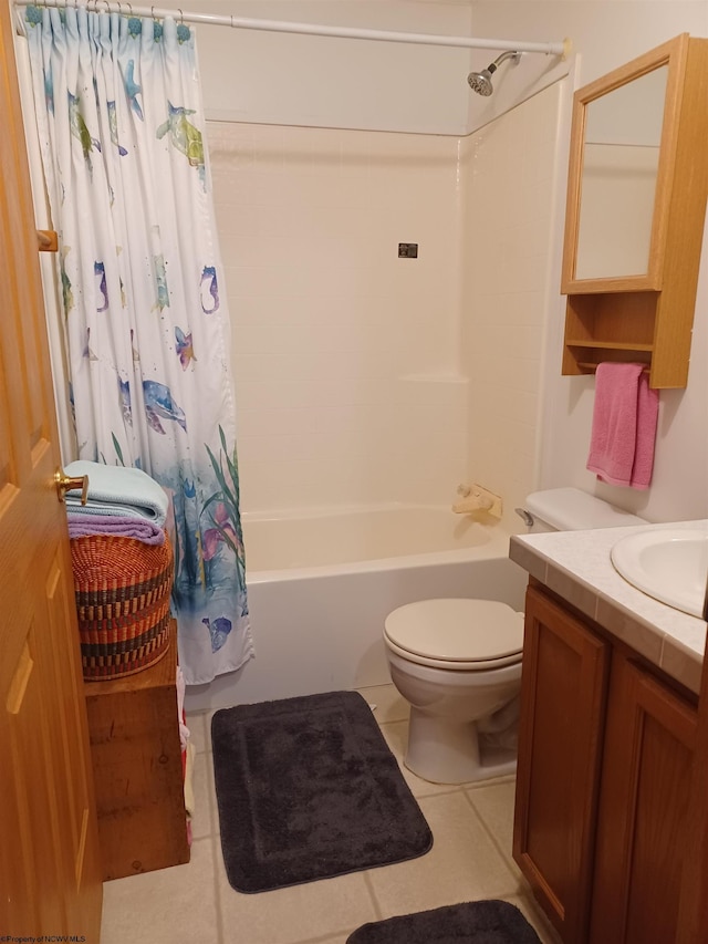 full bathroom with toilet, vanity, tile patterned floors, and shower / tub combo with curtain