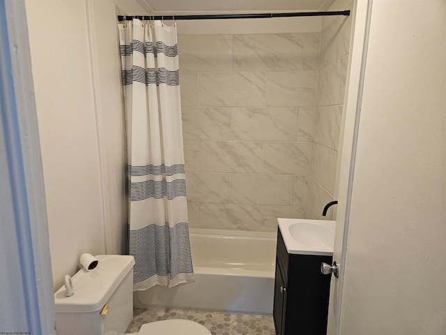 full bathroom with tile patterned floors, vanity, shower / bathtub combination with curtain, and toilet