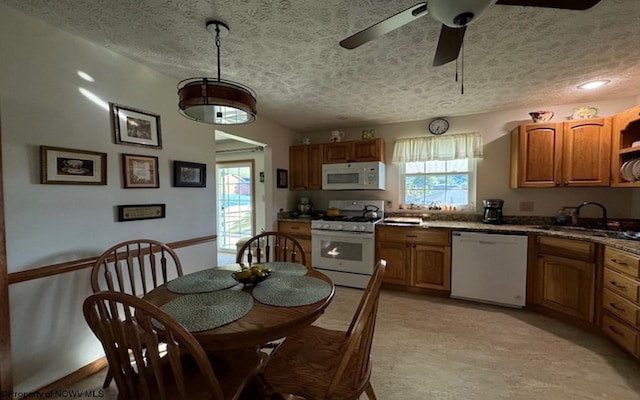 kitchen with white appliances, sink, a textured ceiling, and a wealth of natural light